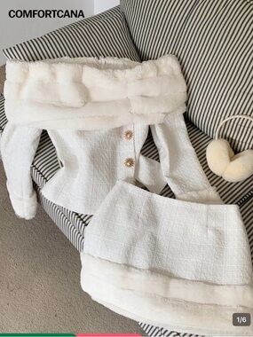 White Faux-Fur Trim Tweed Mini Skirt